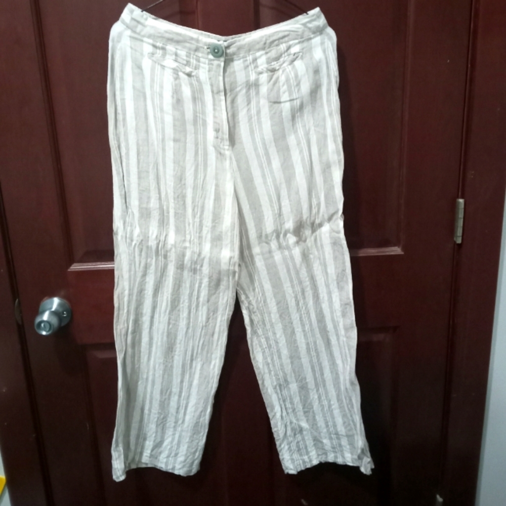 Tahari 100% linen cream brown striped pants size 8